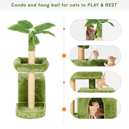 31.5" Cat Tree Cat Tower for Indoor Cats with Green Leaves, Cat Condo Cozy Plush Cat House with Hang Ball and Leaf Shape Design, Cat Furniture Pet House with Cat Scratching Posts,Beige