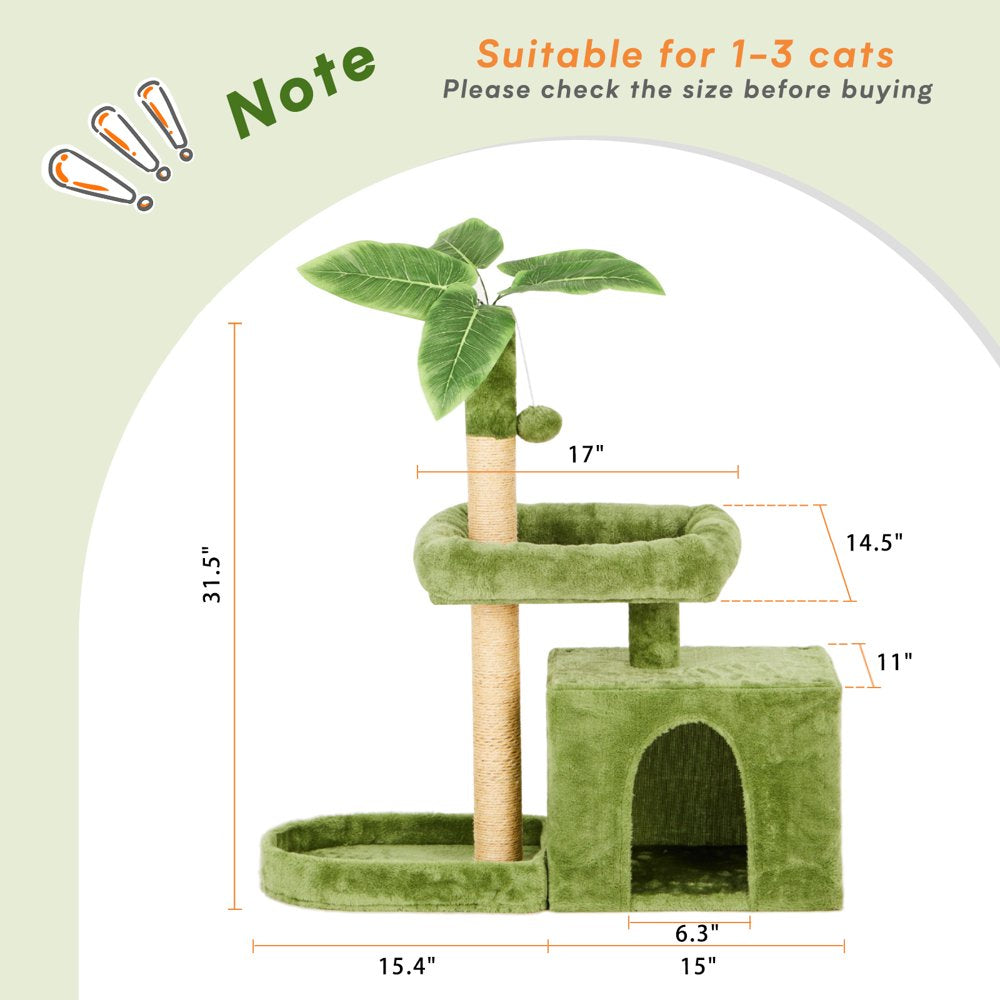 31.5" Cat Tree Cat Tower for Indoor Cats with Green Leaves, Cat Condo Cozy Plush Cat House with Hang Ball and Leaf Shape Design, Cat Furniture Pet House with Cat Scratching Posts,Beige