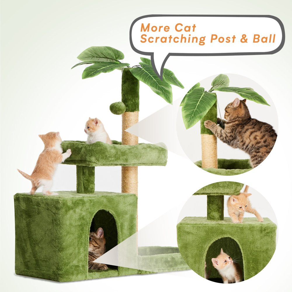 31.5" Cat Tree Cat Tower for Indoor Cats with Green Leaves, Cat Condo Cozy Plush Cat House with Hang Ball and Leaf Shape Design, Cat Furniture Pet House with Cat Scratching Posts,Beige